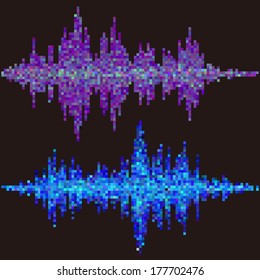 Blue & purple halftone square elements. Vector sound waves. Music rock waveform background. You can use in club, radio, pub, party, concerts, recitals or the audio technology advertising background. 