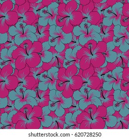 Blue and purple hibiscus flowers seamless pattern. Vector illustration.