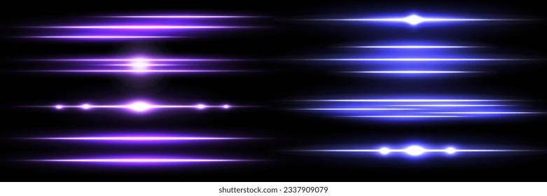 Blue and purple horizontal lens flares pack. Laser beams, horizontal light rays.Beautiful light flares. Glowing streaks on dark background. Luminous abstract sparkling lined background