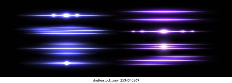 Blue and purple horizontal lens flares pack. Laser beams, horizontal light rays.Beautiful light flares. Glowing streaks on dark background. Luminous abstract sparkling lined background.