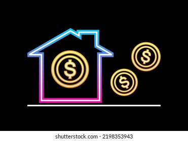 Blue purple house with golden money dollar coins money saving bank investment on black background neon glowing light vector design.