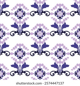 Blue and purple ikat seamless pattern with decorative flowers in retro style. Vector illustration. Design for ceramic pottery, tiles, wallpaper, fabric, saree, rug, and curtains.