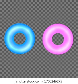 Blue and purple inflatable rings top, front view 3d realistic vector icons set isolated on transparent background.Summer beach leisure concept design elements. Modern colorful rubber swimming rings 