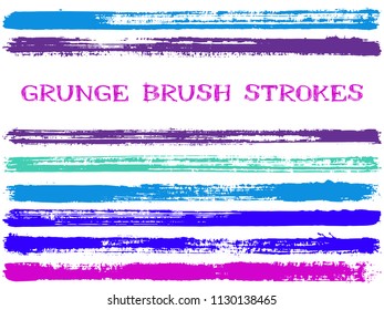 Blue purple ink brush strokes isolated elements. Set of paint lines. Distressed stripes, textured paintbrush stroke shapes. Collection of ink brushes, stripes isolated on white, vector paint samples.