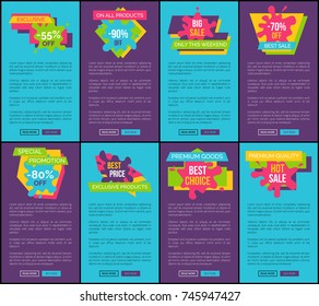 Blue and purple Internet posters with huge sale offer signed on bright stain blots and sample texts isolated vector illustrations set.