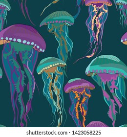 Blue and purple jellyfish seamless pattern. Vector illustration of jellyfish on turquoise background