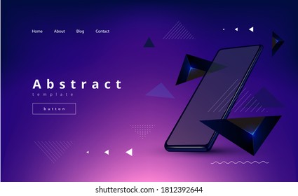 
blue purple landing page template with volumetric triangles and mobile phone