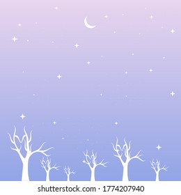 Blue and purple landscape with silhouettes of dry trees, tree branches, moon and stars in the sky. Background vector illustration for nature theme and wallpaper.