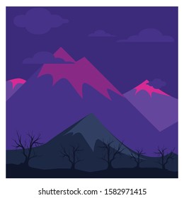 Blue and purple landscape with silhouettes of mountains.