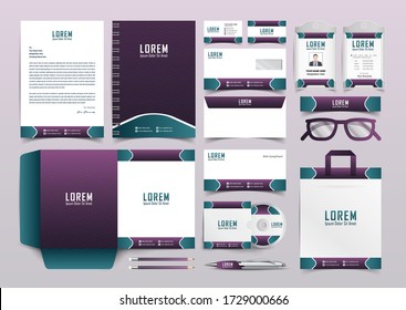 Blue And Purple Line Pattern Stationery Identity Template Set. Business Stationery Mock-up. Branding Design. Letterhead, Presentation Folder, Compliment Slip, Notebook, Id Card, Business Card.