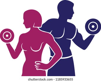 Blue And Purple Man And Woman Weight Lifting Workout with Dumbbell