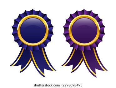 Blue and purple medals with golden elements. Vector clipart isolated on white background.