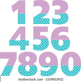 Blue and Purple Mermaid Number with scales vector Illustration isolated on white background. Number for decor birthday girl party 