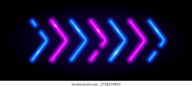 Elemento de flecha de neón azul y púrpura. Señal de dirección led brillante. Lámparas de tubo de brillo en forma de punta de flecha. Efecto fluorescente luminoso brillante del puntero para el Anuncio, cartel, logotipo. Luz led de neón de Vector