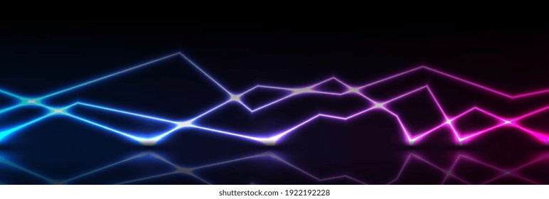 Blue purple neon curved lines with reflection. Abstract shiny technology retro background. Futuristic glowing vector banner design