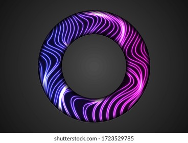 Blue and purple neon glowing waves and black circle frame. Abstract vector technology background