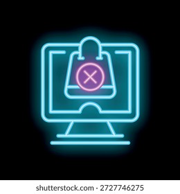 Icono de neón azul y púrpura de una pantalla de computadora que muestra un pedido en línea cancelado sobre fondo negro