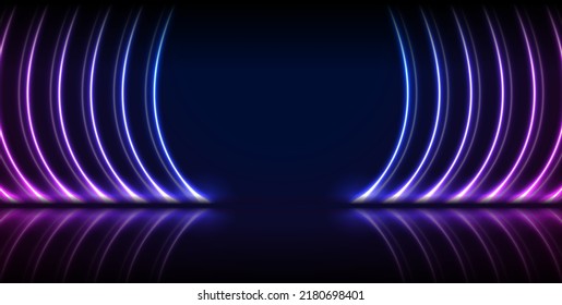 Blue purple neon laser curved lines technology background with reflection. Futuristic glowing graphic vector design