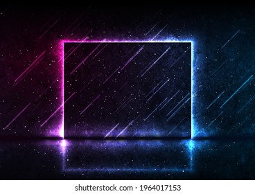 Blue purple neon laser square frame abstract technology retro grunge background. Futuristic glowing graphic vector design