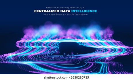 Blue and purple neon light lines with glowing dot particles, futuristic technology background, big data transmission design concept. Vector illustration.