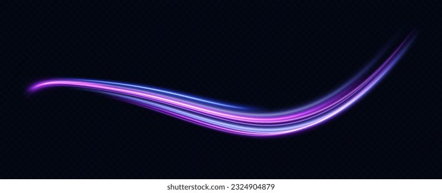 Blue, purple, neon multicolored glowing swirl. The effect of moving at the speed of light. Easy trail. Shiny wavy path. Vector.