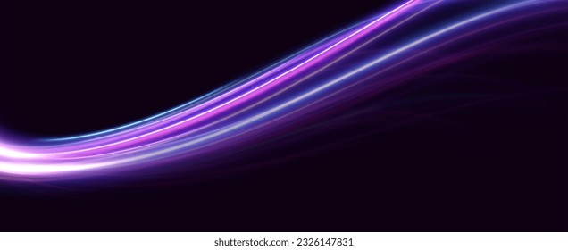 Blue, purple, neon multicolored glowing swirl. The effect of moving at the speed of light. Easy trail. Shiny wavy path. Vector.