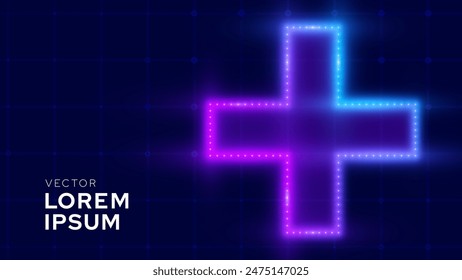 Blue Purple Neon Plus Sign Background. Led Lights Aid and Health Care for Hospital Emergency Banner. Medical Symbol of Emergency Help. Math Plus Vector Illustration.