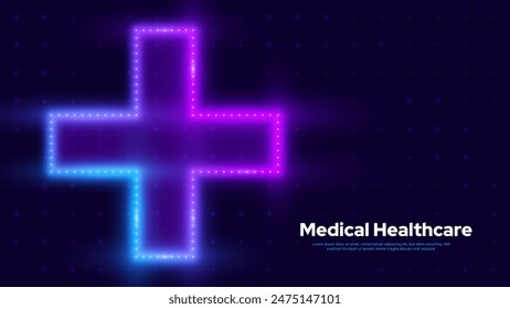 Blaues violettes Neon Plus Zeichen Hintergrund. LED-Lichthilfe und Gesundheitsversorgung für Krankenhaus-Notfall-Banner. Medizinisches Symbol der Nothilfe. Mathematik und Vektorillustration.