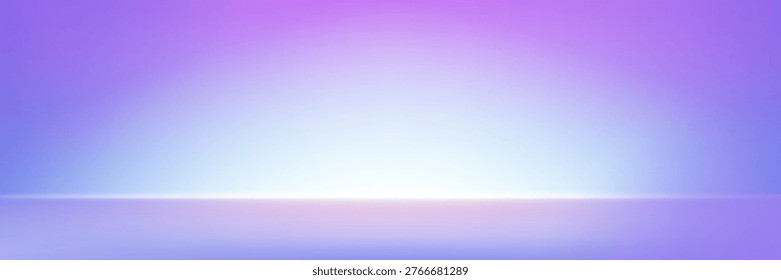 Blue purple neon studio space, gradient abstract background with glowing floor, vector illustration. Modern showroom with vibrant tech lighting and perspective, empty scene for product display.