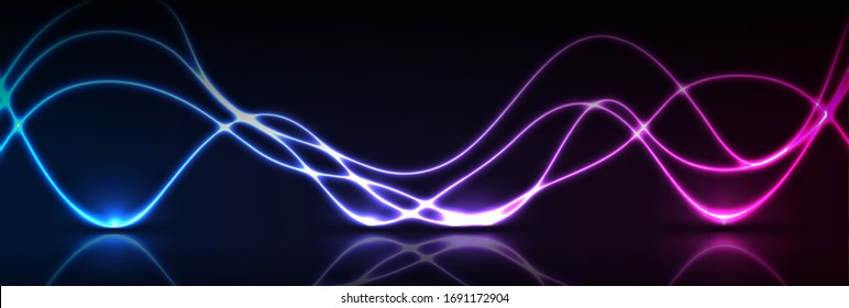 Blue purple neon waves with reflection. Abstract shiny technology retro background. Futuristic glowing vector banner design