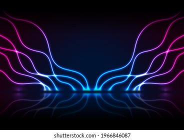 Blue purple neon wavy pattern with reflection. Abstract shiny technology retro background. Futuristic glowing vector design