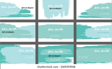 Blue, Purple Paintbrush Vector Business Cards Template. Vector Corporate Identity Texture Design. Brushstroke Stripes Business Cards Template Set. Modern Hipster Banner, Ads Horizontal Cool Prints