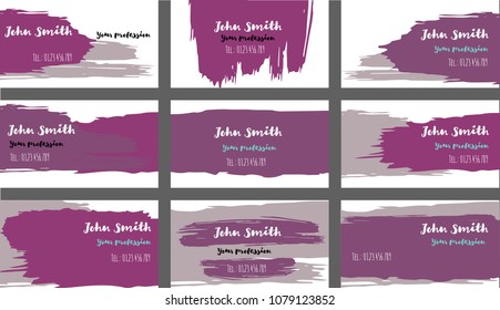 Blue, Purple Paintbrush Vector Business Cards Template. Vector Artistic Corporate Identity Texture. Grungy Business Cards, Poster Template Collection Modern Hipster Banner, Ads Horizontal Cool Prints