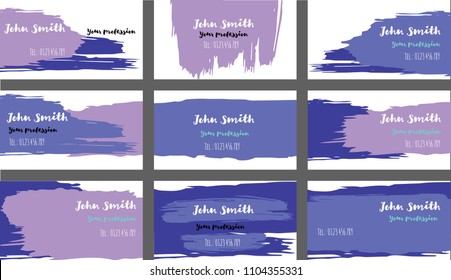 Blue, Purple Paintbrush Vector Business Cards Template. Vector Artistic Corporate Identity Texture. Brushstroke Stripes Business Cards Template Set. Modern Hipster Banner, Ads Horizontal Cool Prints