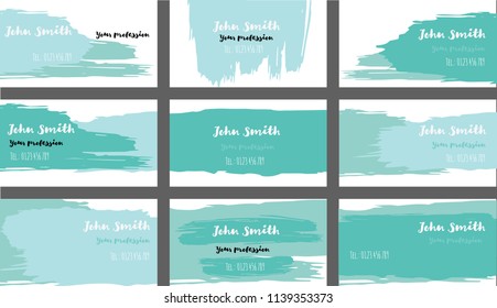 Blue, Purple Paintbrush Vector Business Cards Template. Vector Corporate Identity Texture Design. Brushstroke Smears Business Cards Template Set. Future Hipster Banner, Ads Horizontal Cool Prints
