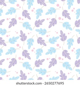 Tom pastel azul e roxo folhas em um fundo branco. Padrão sem costura é planta para roupas, tecido, papel de parede, pano de fundo, decoração de casa, livro de capa e arte de parede. 