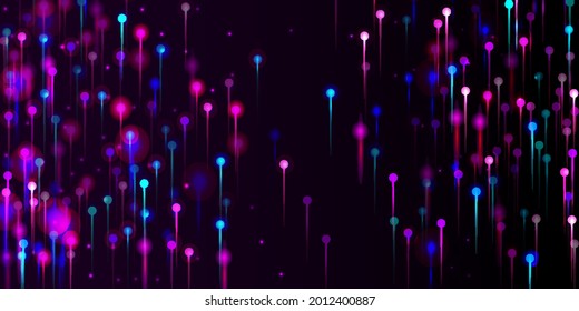 Abstrakter blauer violetter Hintergrund. Netzwerktechnologie-Banner. Neon Light Nodes Partikel. Big Data künstliche Intelligenz Internet Futuristic Wallpaper. Fiber Optics Social Science Light Pins.