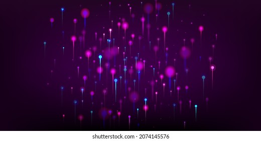 Blue Purple Pink Abstract Background. Network Technology Banner. Bright Light Glow Elements. Big Data Artificial Intelligence Ethernet Technology Wallpaper. Social Science Fiber Optics Light Pins.
