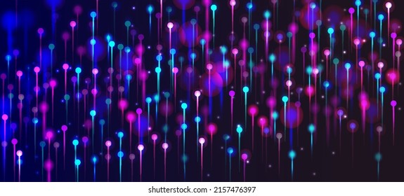 Blue Purple Pink Abstract Background. Neon Light Glow Elements. Big Data Artificial Intelligence Internet Technology Wallpaper. Network Scientific Banner. Social Science Fiber Optics Light Pins.