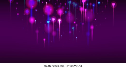 Blue Purple Pink Abstract Background. Vivid Light Nodes Particles. Network Scientific Banner. Big Data Artificial Intelligence Ethernet Futuristic Wallpaper. Social Science Fiber Optics Light Pins.