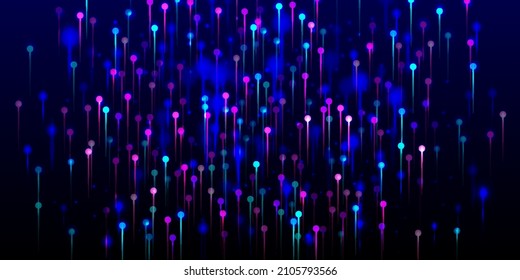 Blue Purple Pink Abstract Wallpaper. Neon Light Nodes Elements. Big Data Artificial Intelligence Internet Futuristic Background. Network Technology Banner. Social Science Fiber Optics Light Pins.