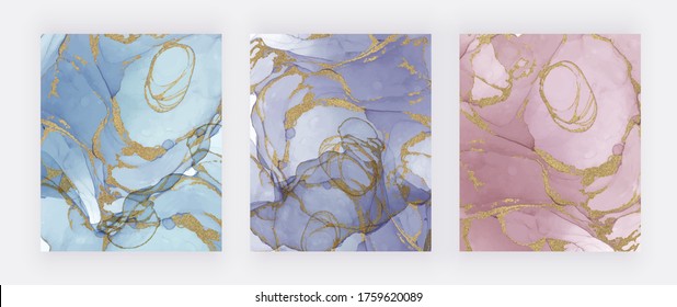 Blue, purple and pink alcohol ink with gold glitter texture. Abstract hand painted watercolor backgrounds.