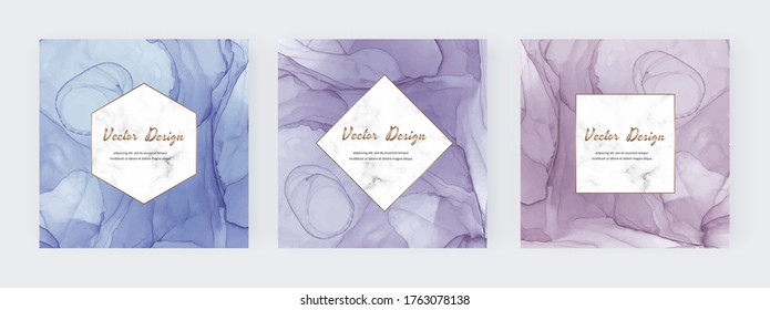 Blue, purple and pink alcohol ink social media banners with marble geometric frames. Templates for flyer, poster, card, invitations.
