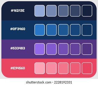 Blue purple pink color palette vector, dark colors catalog, rgb colors, design and edit idea, colour matching, harmonious colours palette sample, eps designed asset