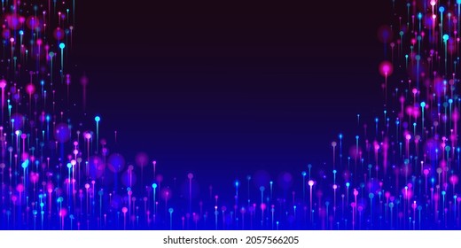 Blue Purple Pink Modern Background. Network Technology Banner. Big Data Artificial Intelligence Internet Technology Wallpaper. Bright Light Glow Particles. Fiber Optics Social Science Light Pins.