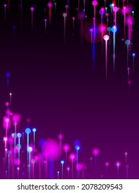Blue Purple Pink Modern Background. Artificial Intelligence Big Data Ethernet Futuristic Wallpaper. Vivid Light Nodes Particles. Network Scientific Banner. Fiber Optics Social Science Light Pins.