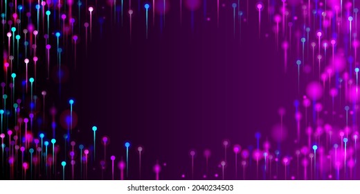 Blue Purple Pink Modern Wallpaper. Network Scientific Banner. Bright Light Nodes Elements. Artificial Intelligence Big Data Ethernet Futuristic Background. Social Science Fiber Optics Light Pins.