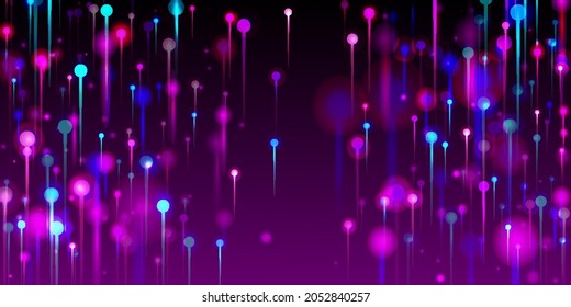 Blue Purple Pink Modern Wallpaper. Big Data Artificial Intelligence Ethernet Technology Background. Network Scientific Banner. Neon Light Glow Particles. Fiber Optics Social Science Light Pins.