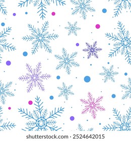 Blue, purple, and pink snowflakes in various sizes are arranged in a seamless pattern on a white background. The pattern includes scattered dots in matching colors, creating a festive and wintry