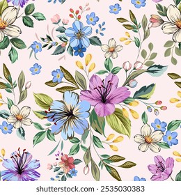 Blue and purple, pink, white flowers. Hand drawn. Beautiful seamless pattern on a romantic light background. Designed for fabric, fashion, textiles, wallpaper, gift wrap.